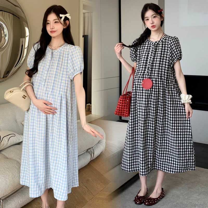 孕妇装2025夏新款泡泡袖简约法式复古格子可哺乳孕妇中长款连衣裙