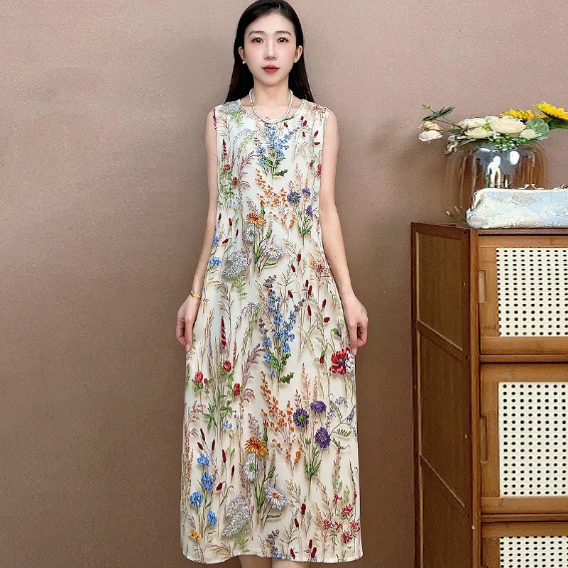 素米绽花背心裙 气质中长款时连衣裙百搭遮肉裙子