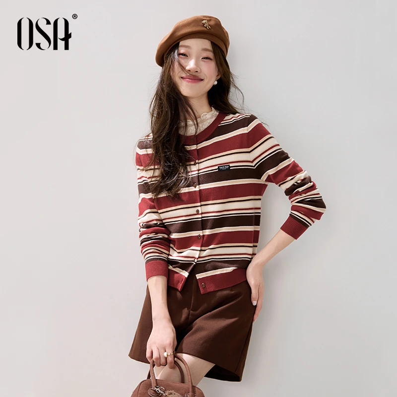 OSA欧莎 2025秋季新款老钱风条纹针织开衫女外穿毛衣S125C16051