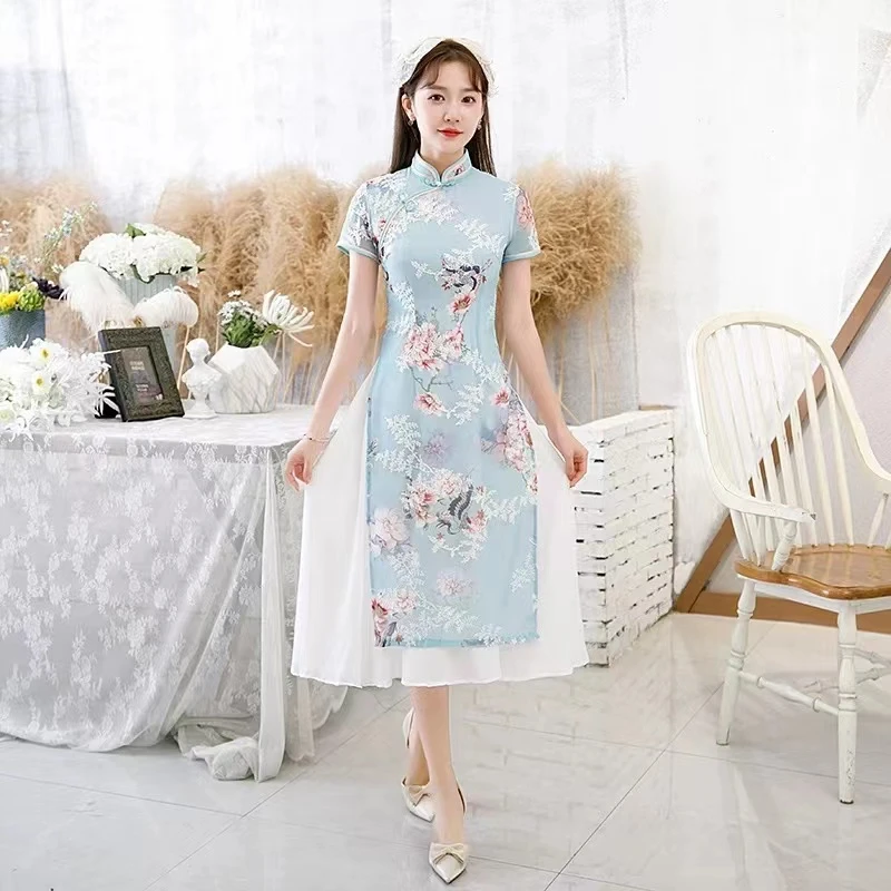 302-天蓝色 仙鹤 年轻 旗袍