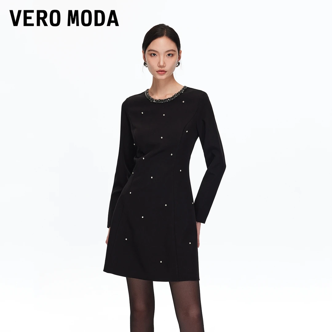 Vero Moda连衣裙【钻光舞会】钻饰领口收腰小黑裙流光风清冷系