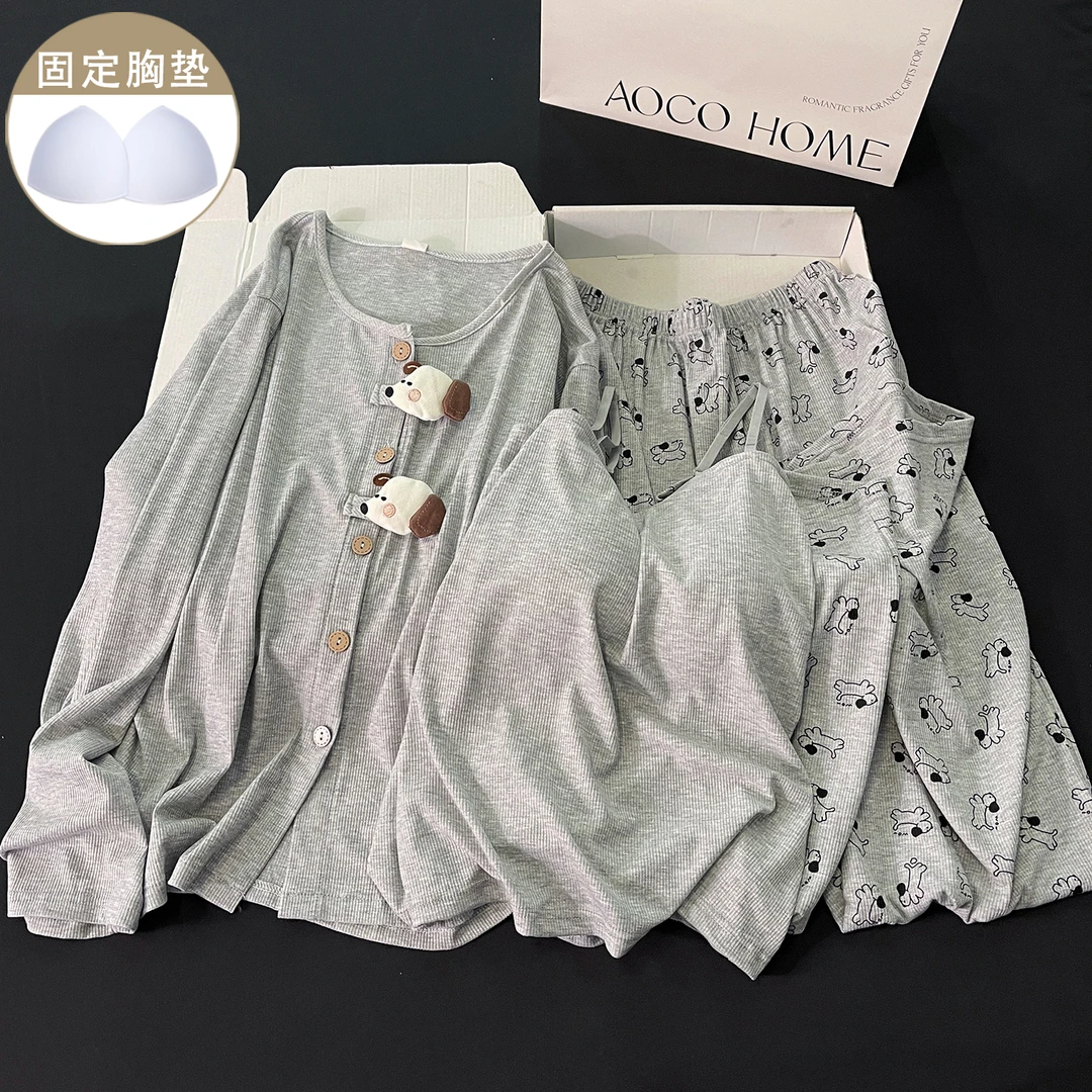 可爱灰色小狗睡衣女生新款春秋季带胸垫吊带卡通休闲三件套家居服