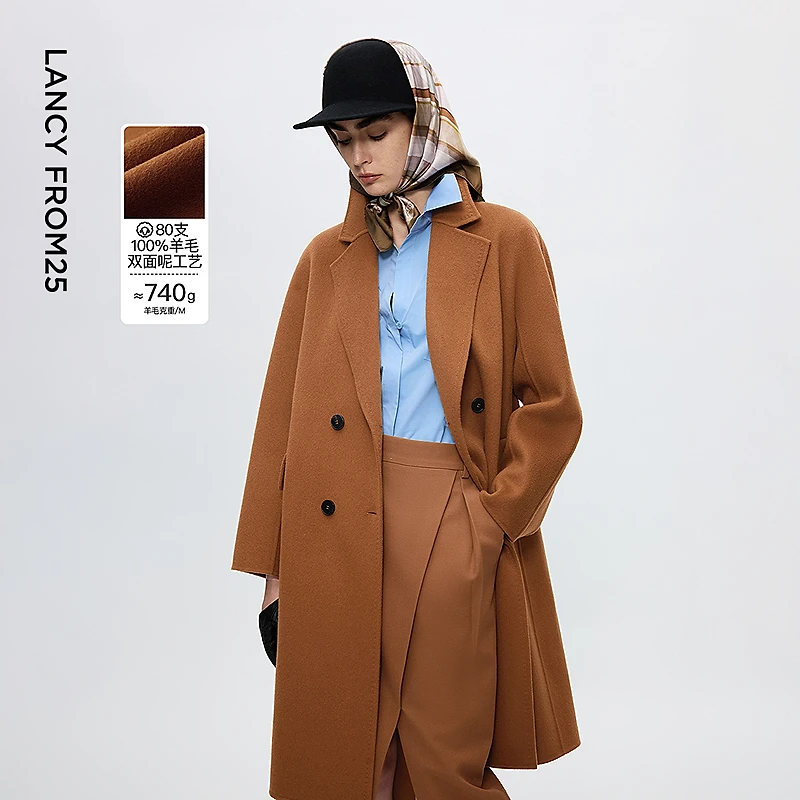 朗姿纯羊毛立领廓形修身长款毛呢外套通勤ol呢子大衣2025冬季新款
