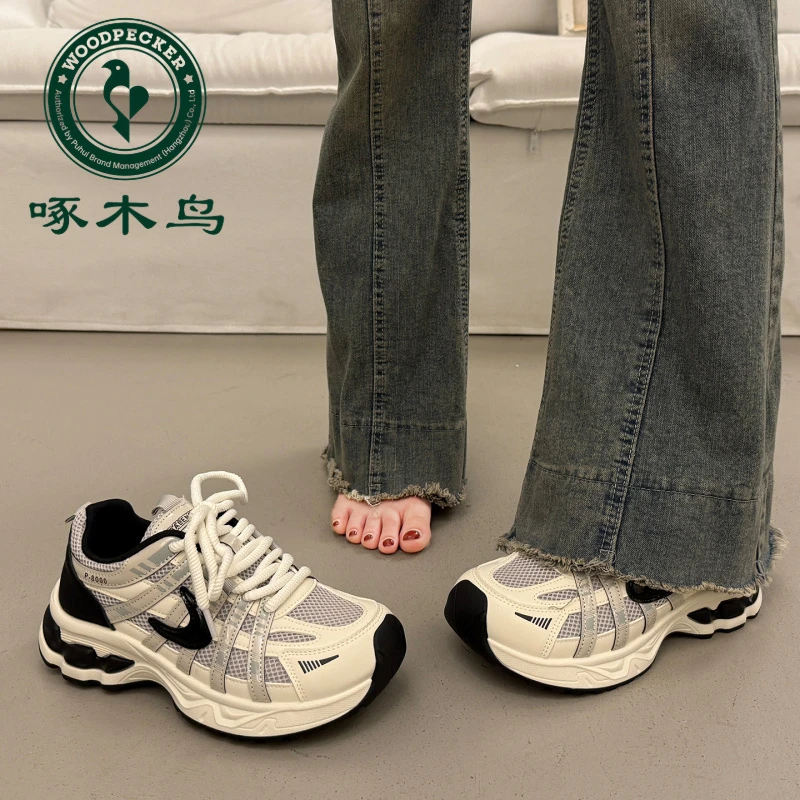 啄木鸟厚底老爹鞋女秋季增高2025爆款超火新款网面运动休闲鞋子女