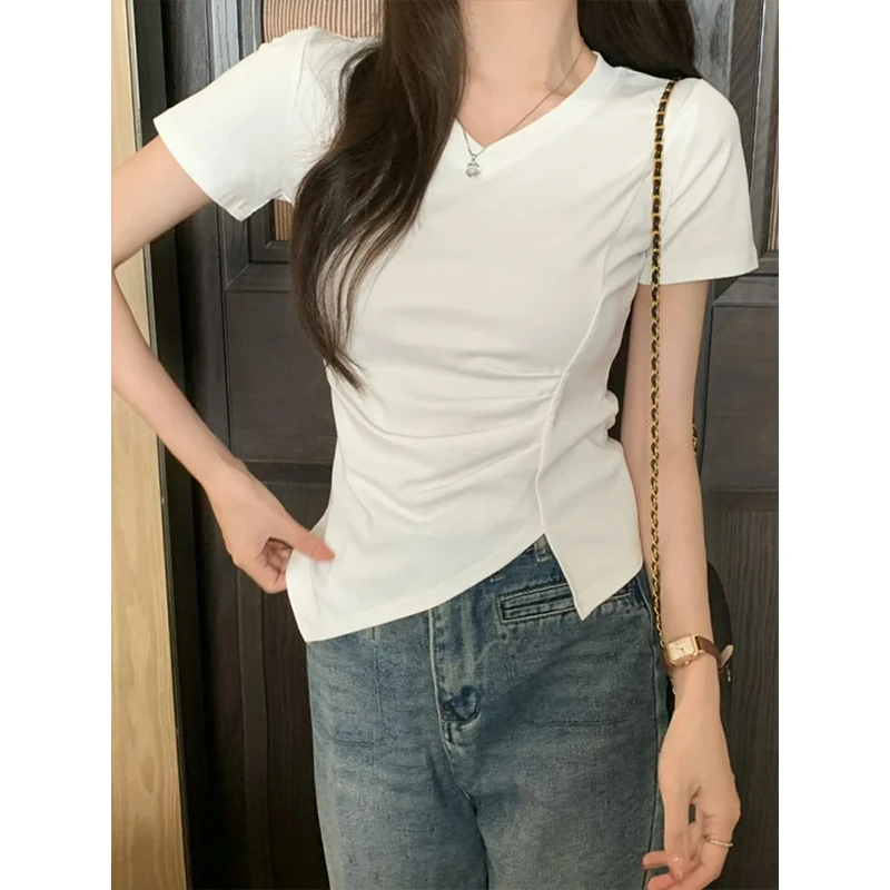 Moses Queen/魔西女王大码女装胖mm夏季V领显瘦百搭不规则短袖T恤