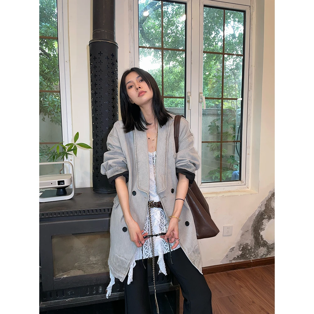 JCCC影子【丹宁绅士】水洗灰青果领廓形中长款牛仔西装外套JE5ANE11