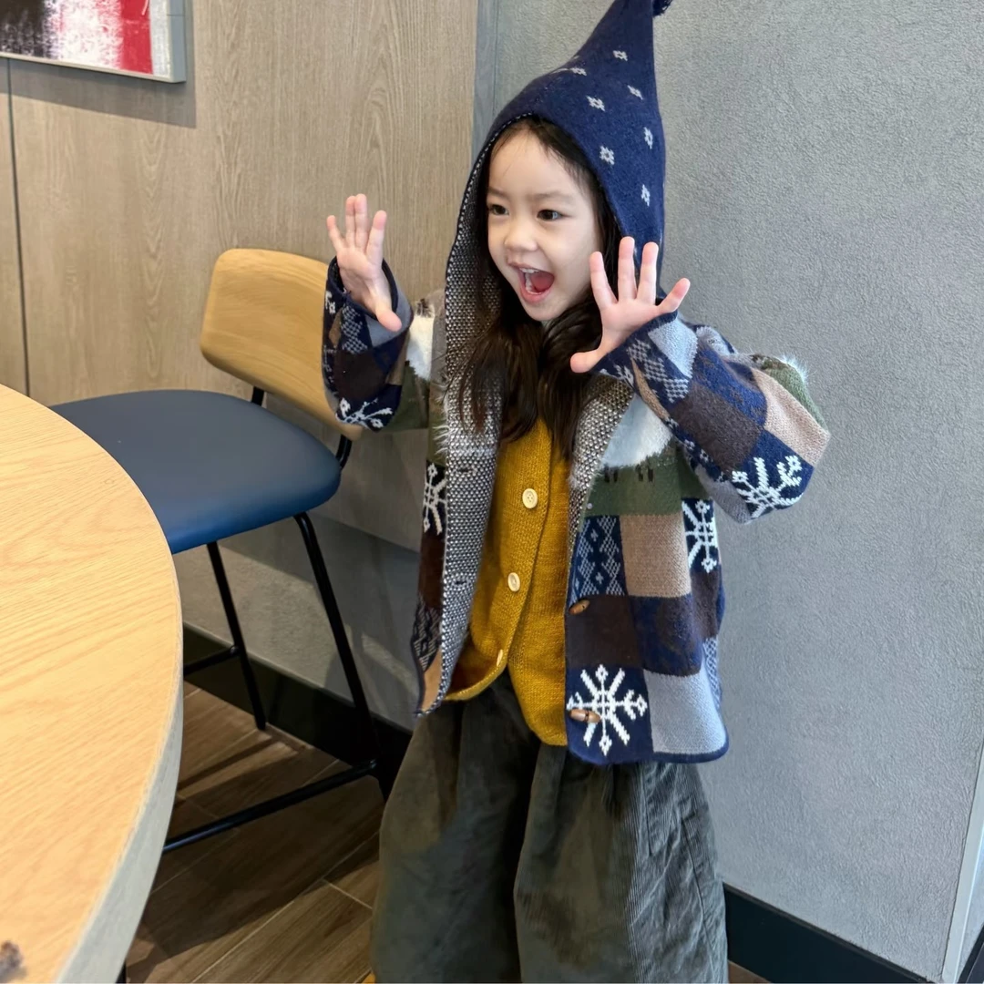 现货】壹妈童装女童韩版秋冬新款针织开衫外套黄色马甲绿色裤子