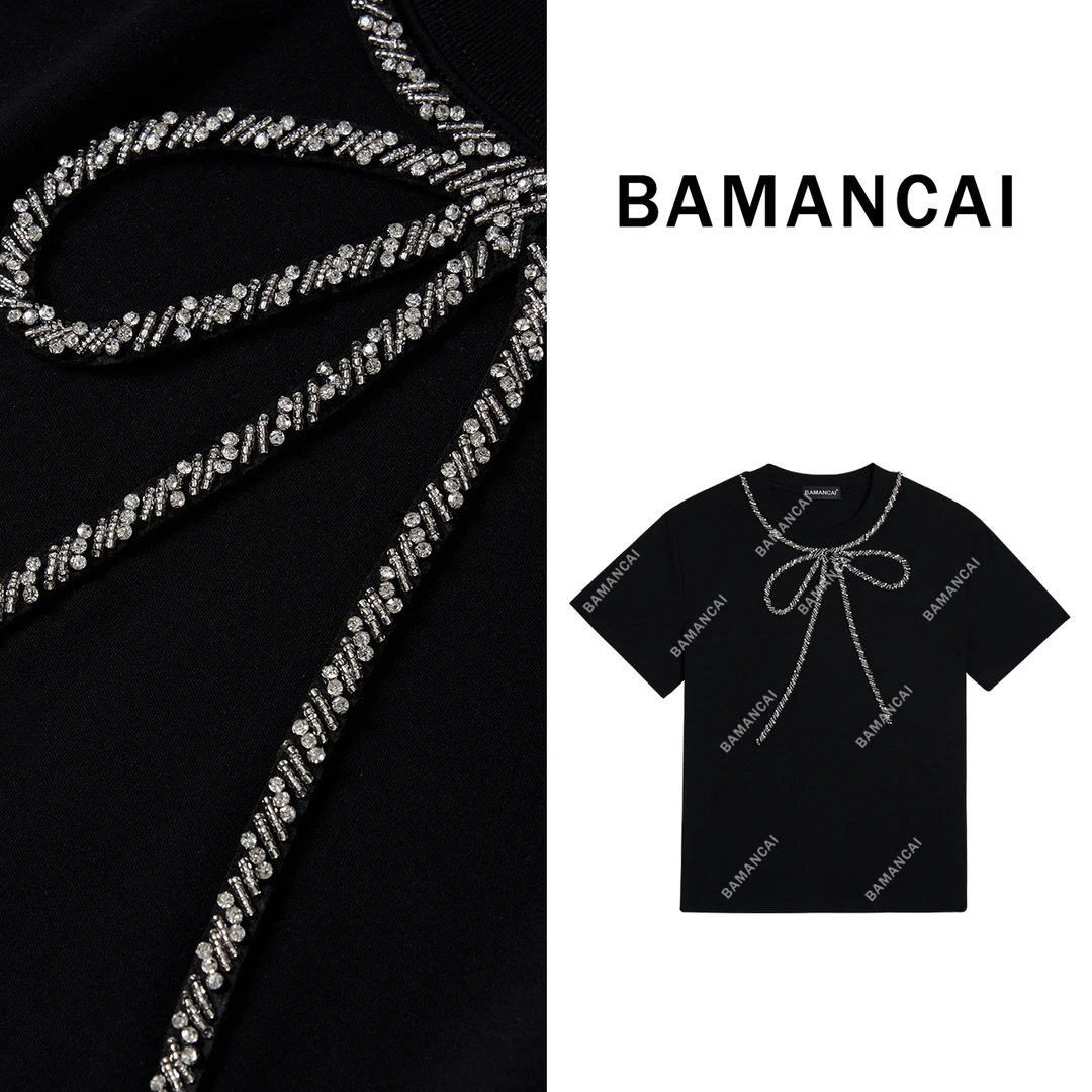 Bamancai-重工串珠镶钻蝴蝶结纯棉圆领宽松休闲短袖T恤百搭