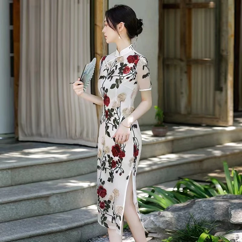 728-【白玫瑰】刺绣 年轻 气质 改良 旗袍