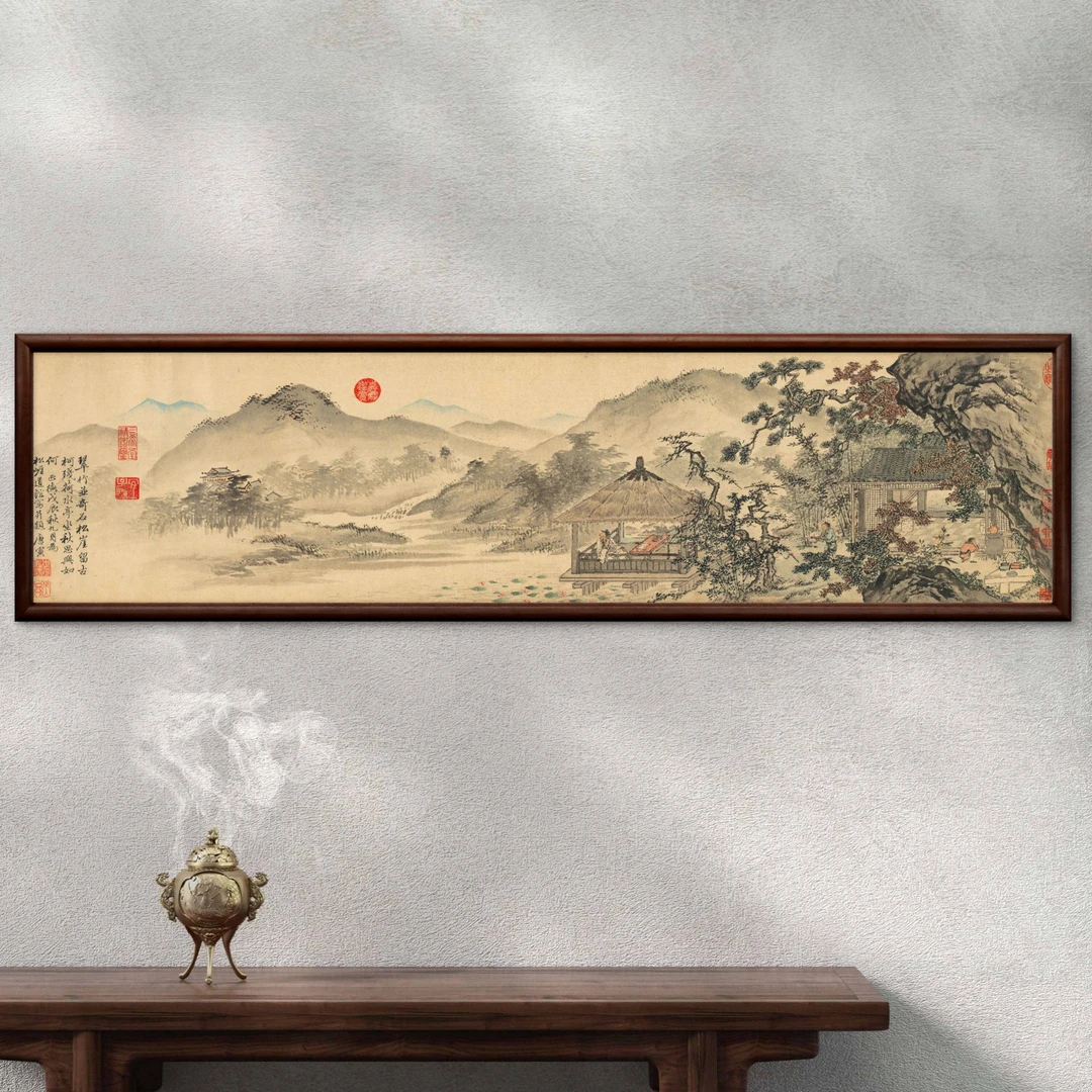 9887-40*150松崖别业图中式实木框办公室玄关书房茶室客厅挂画