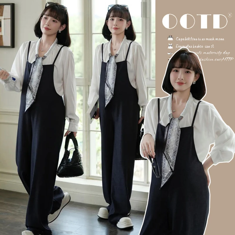 孕妇秋季时尚洋气衬衫背带裤2025新款时髦爆款百搭气质两件套秋装
