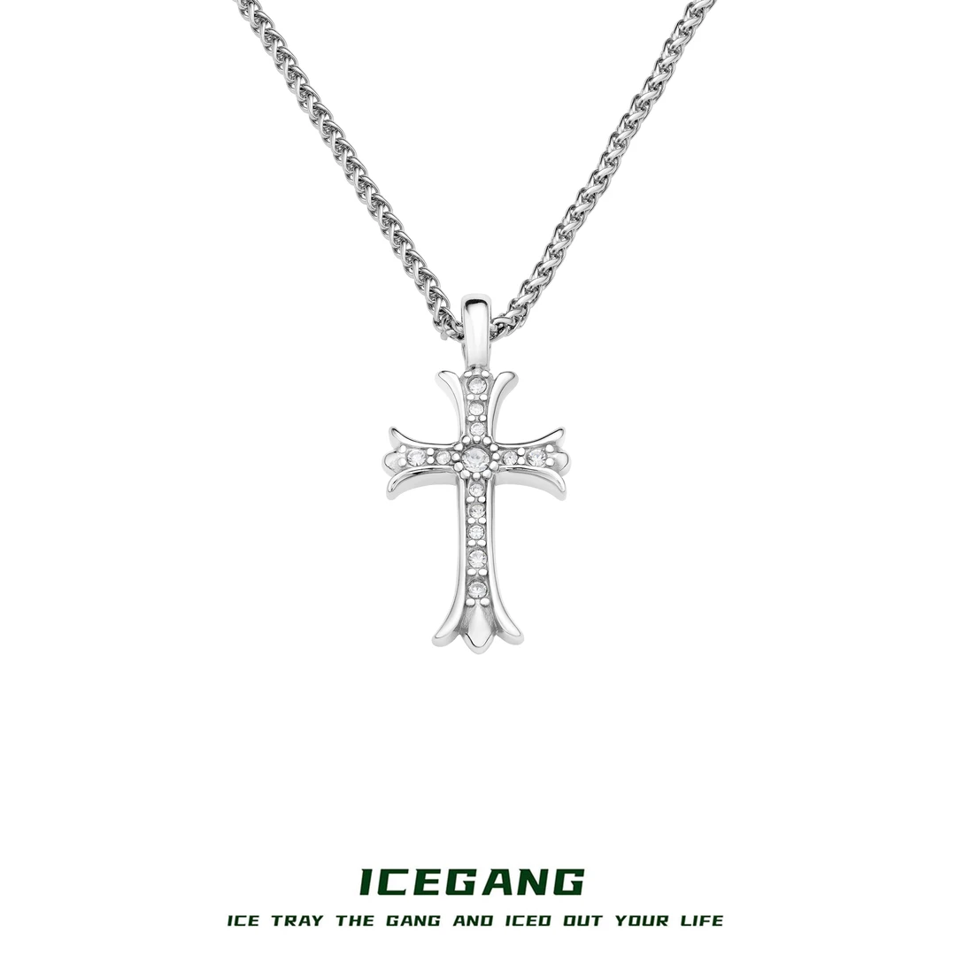 ICEGANG 钛钢吊坠  钛钢满钻复古十字架吊坠项链双面佩戴不掉色