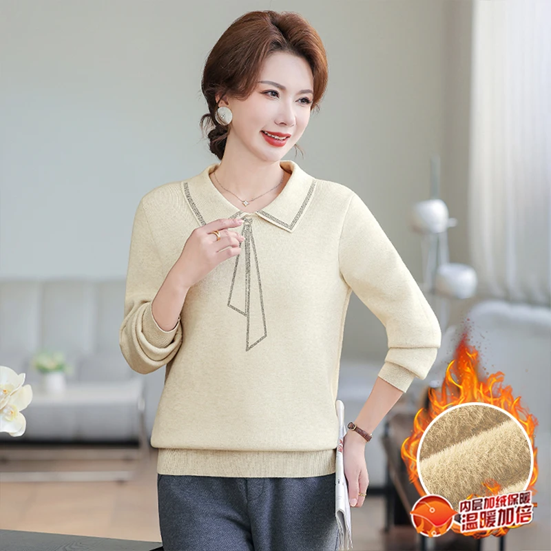 【高级烫钻蝴蝶结】加绒加厚翻领针织衫女秋冬2026新款保暖毛衣上衣