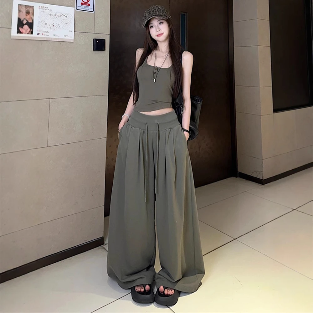 美式阔腿薄款裤夏季新款百搭直筒垂感休闲拖地长裤显瘦时尚运动裤