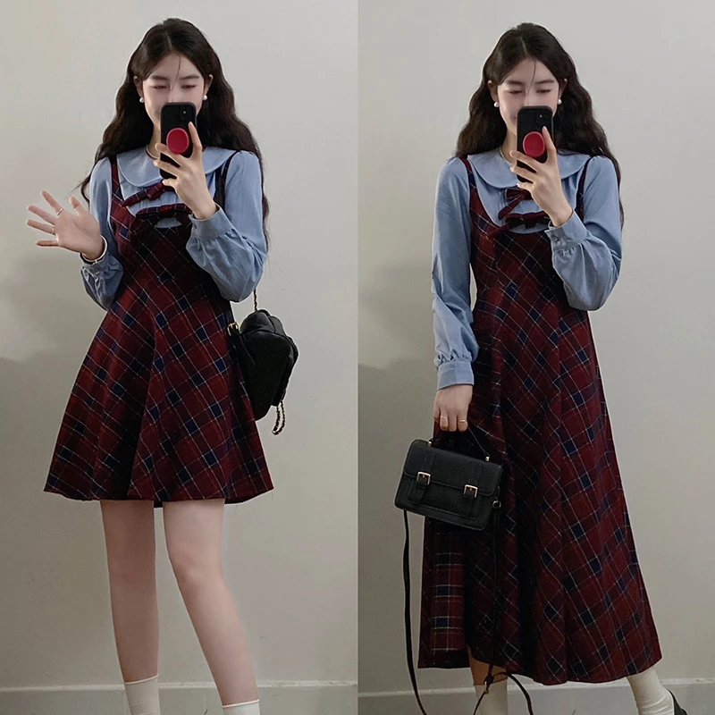 秋冬新款长短格纹拼接假两件连衣裙微胖大码收腰长短裙