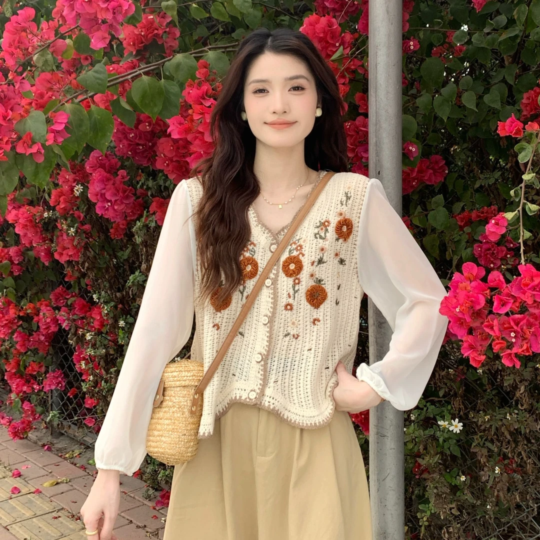 【咕咕家专属】TU24575法式复古甜美拼接V领针织开衫设计感百搭上衣