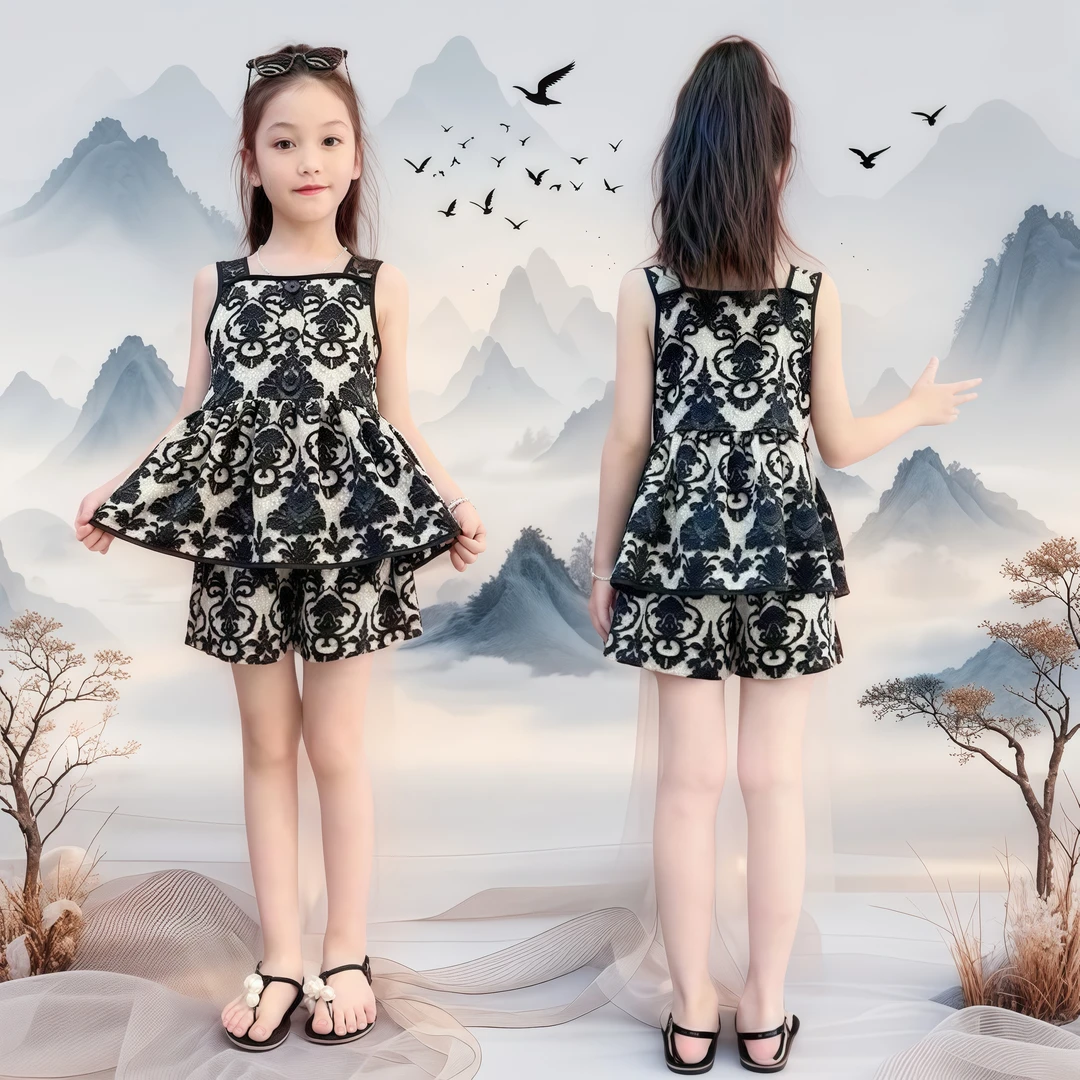 [专柜品质]女童挂脖套装2025新款夏季洋气雪纺无袖古韵薄款两件套