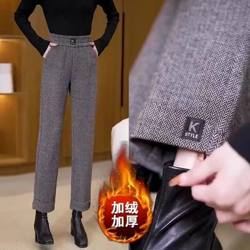 毛呢直筒裤加绒超厚裤子女冬九分裤女宽松小个子妈妈裤高腰女裤