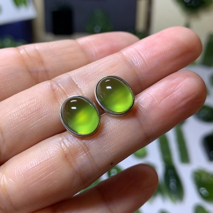 岫玉耳钉银S925镶嵌耳钉