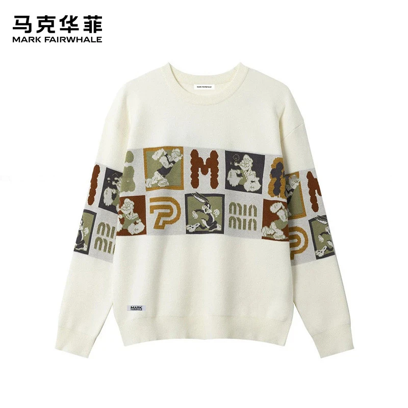 马克华菲秋季冬针织衫图案印花休闲宽松潮流复古毛衣圆领套头上衣