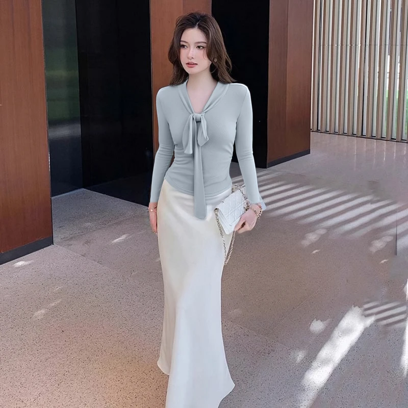 【两件套】法式飘带短袖女春秋设计感小众修身上衣+半身裙套装D3515