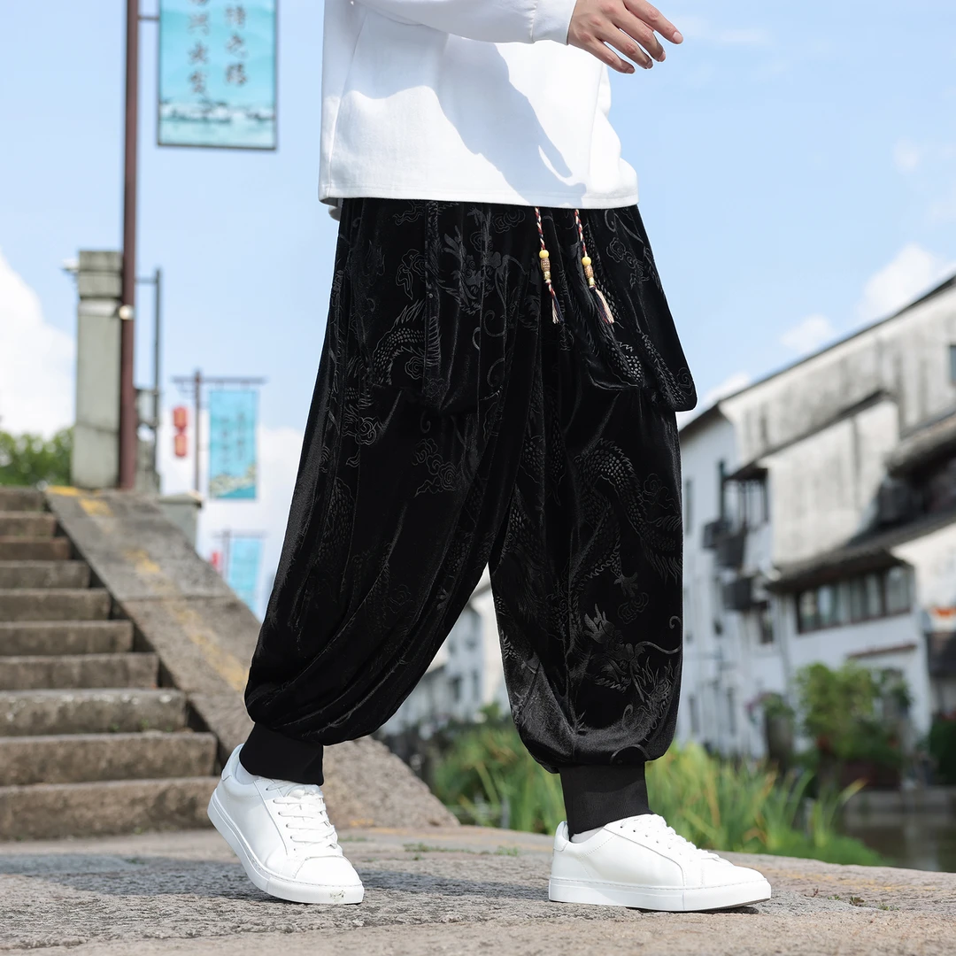 新中式男装金丝绒束脚运动裤秋冬季中国风龙纹提花大码宽松休闲裤