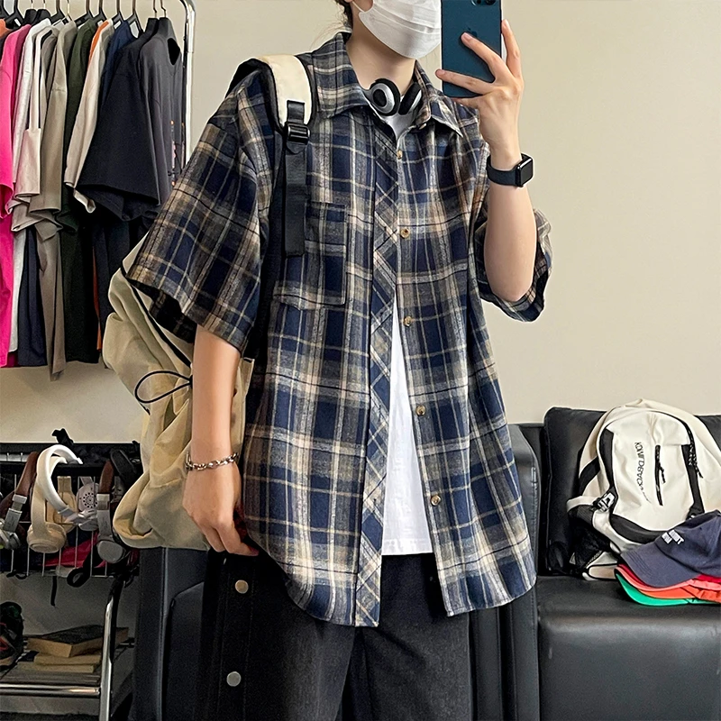 军格美式潮牌衬衣男装短袖衬衫落肩袖休闲复古港风格子衬衫上衣