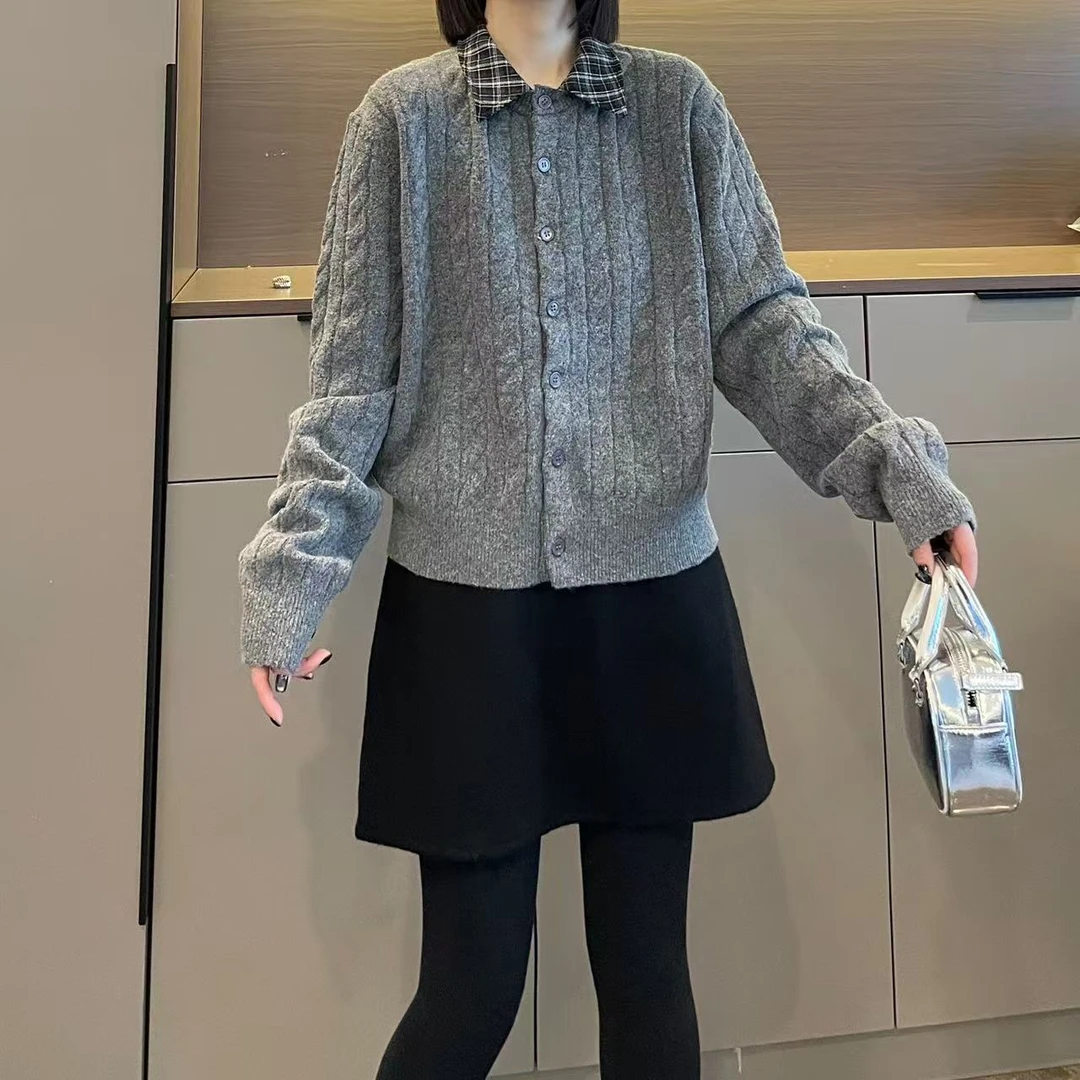 米可/MK-2961ZJ【拼接格子翻领假两件毛衣】时尚休闲秋季新款毛衣