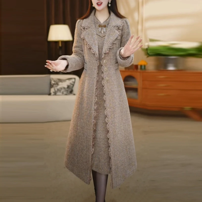 雪花绒夹棉加厚大衣加连衣裙两件套2025冬季新款保暖中长款套装裙