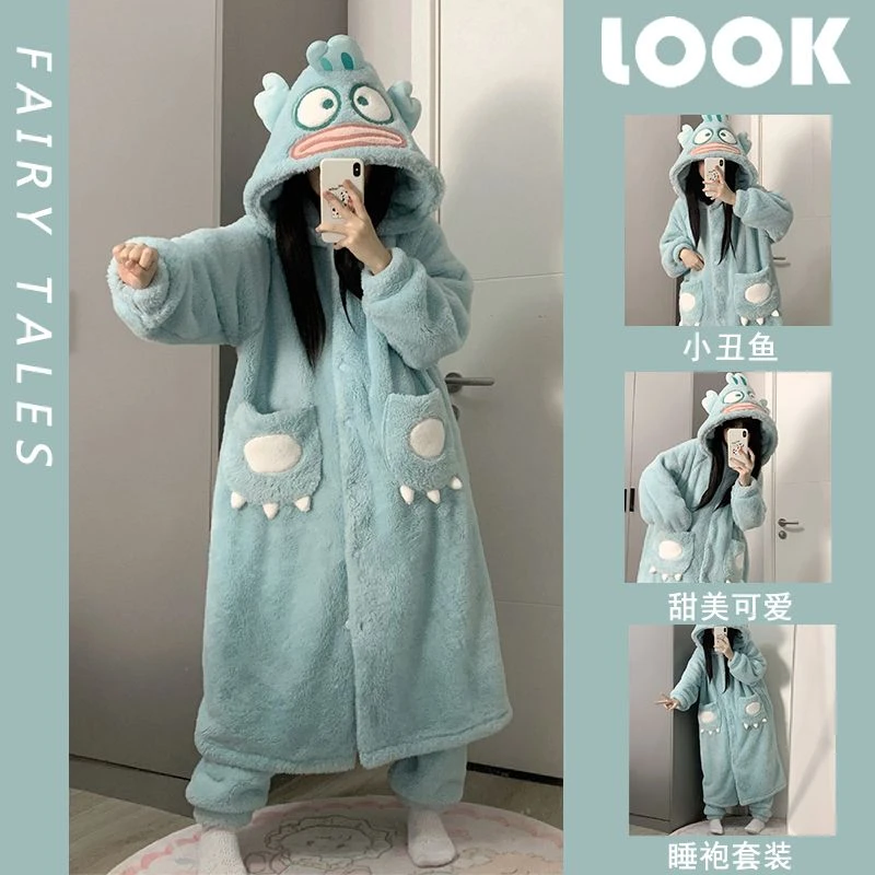 小丑鱼睡袍女款秋冬睡衣珊瑚绒加厚加绒长款保暖秋冬天家居服套装