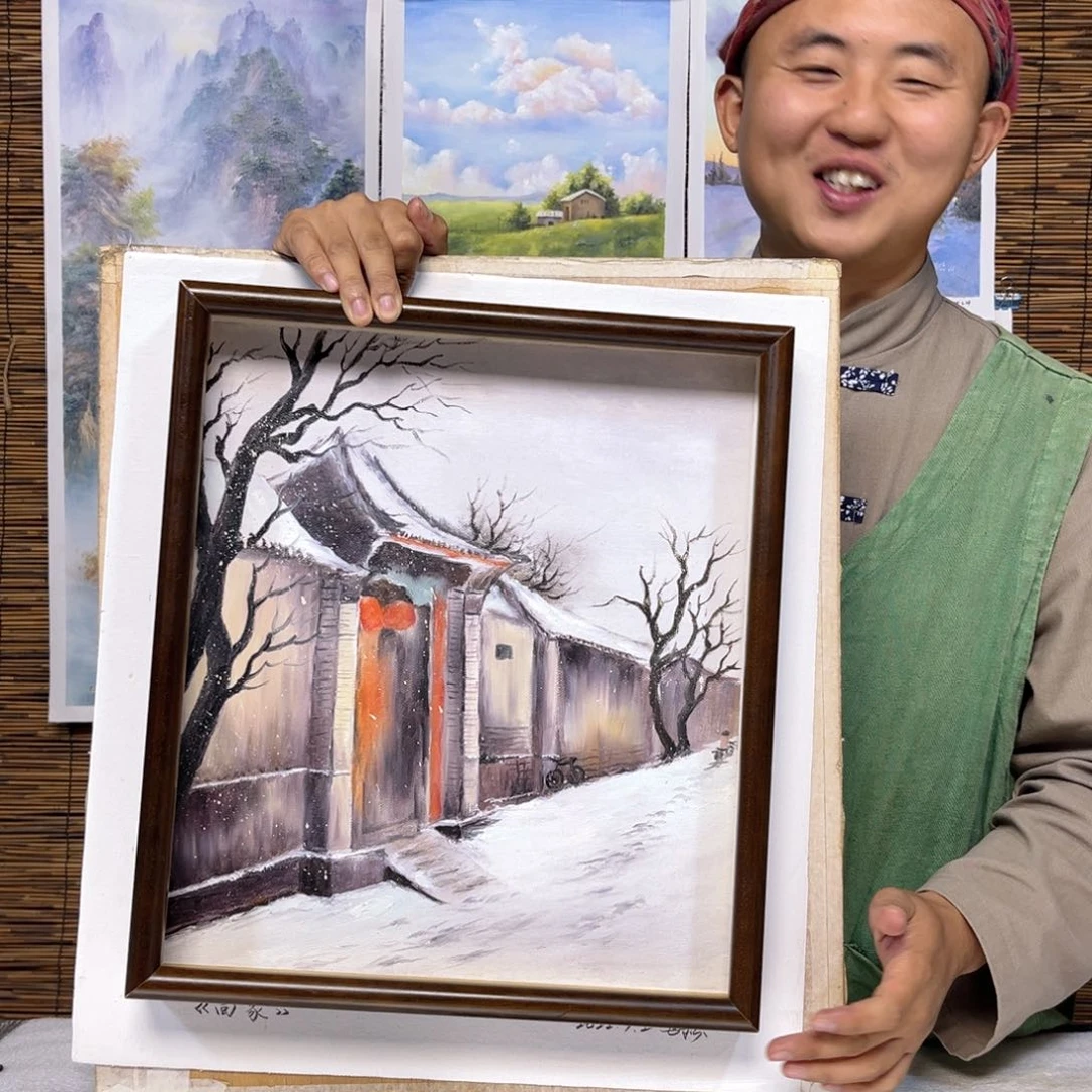 油画行路人小院绘画作品竞拍