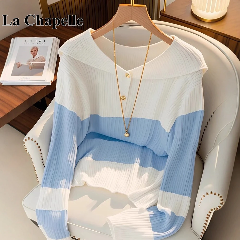 拉夏贝尔设计感蓝白拼色套头针织衫女秋季海军领长袖上衣软糯打底