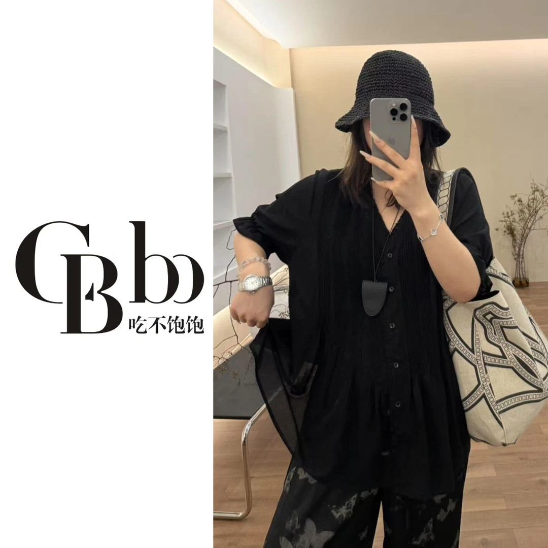 【吃不饱饱】大码 歌剧魅影 V领设计感褶皱衬衫宽松百搭3637