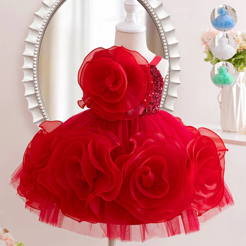 儿童周岁小童礼服大花朵亮片公主裙蓬蓬连衣裙女童生日派对主持人