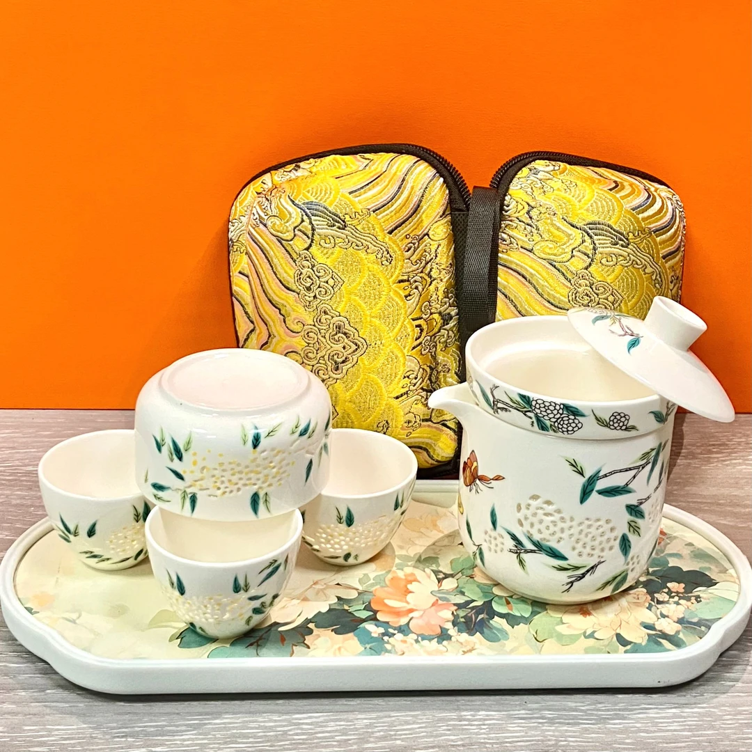 KZH0125玲珑旅行一壶四杯带主人杯带包绣球花茶具简约中式便携式