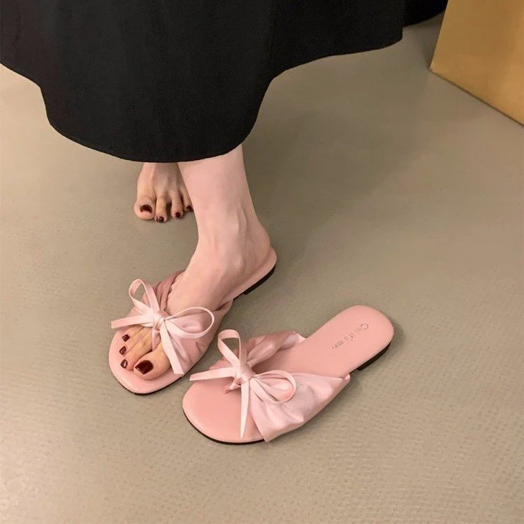 法式凉拖粉色甜美夹脚人字拖软底仙女风2025夏季外穿蝴蝶结凉鞋女