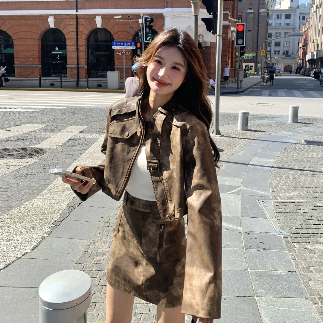 时髦甜酷风气质显瘦套装女2025秋季新款超好看机车皮衣短裙两件套