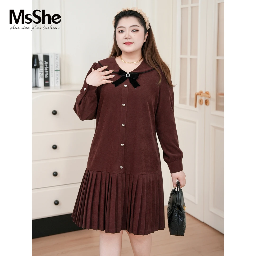 MsShe大码女装2025秋可拆蝴蝶结娃娃领磨毛百褶连衣裙D~F2509014
