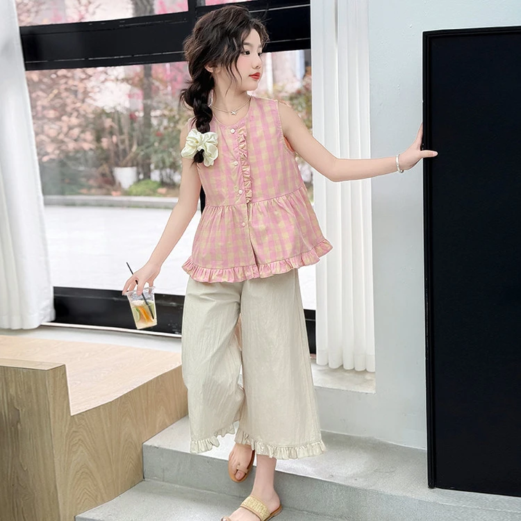 女童套装休闲新款中大童夏季无袖衬衫九分裤两件套女孩洋气夏装潮