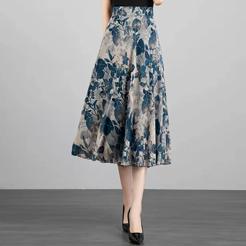 【多码可选】2025夏季新款印花半身裙女雪纺中长款a字裙大码高腰显