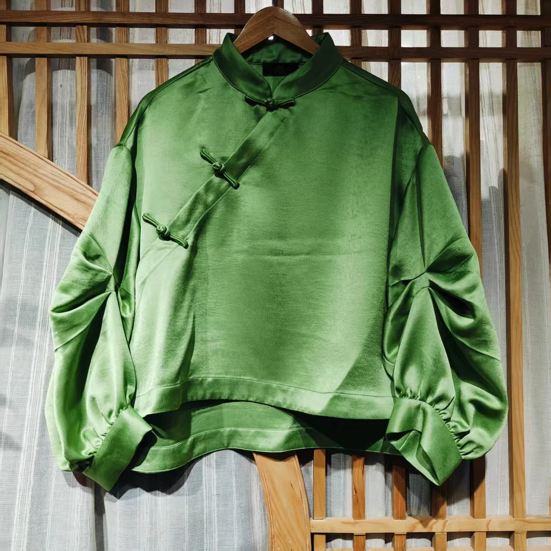 (SY5209) 凤徕兮私人定制草绿色光板捏褶袖斜襟盘扣短上衣