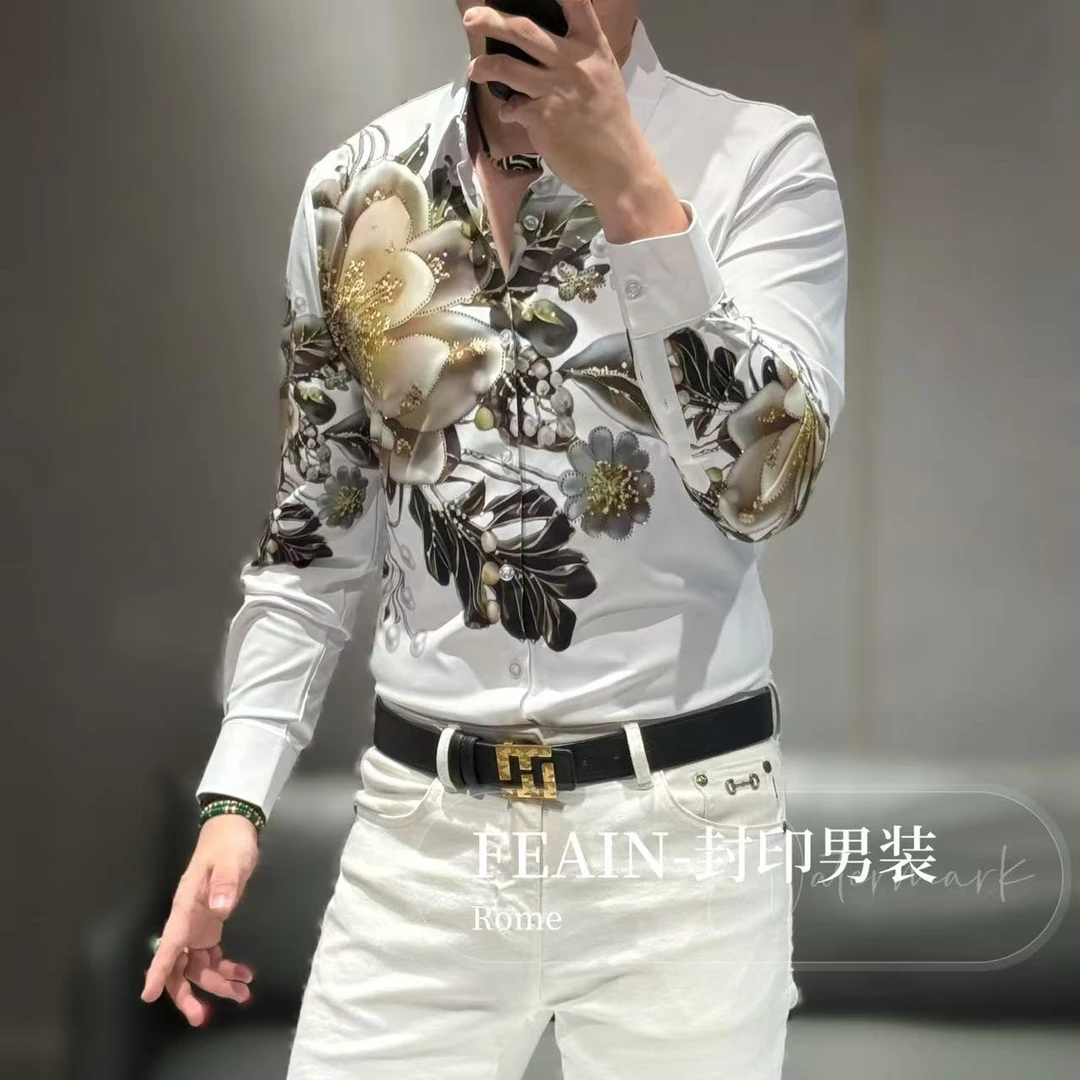 高端男士定制弹力莱卡国风花卉奥钻点缀长袖衬衫2553