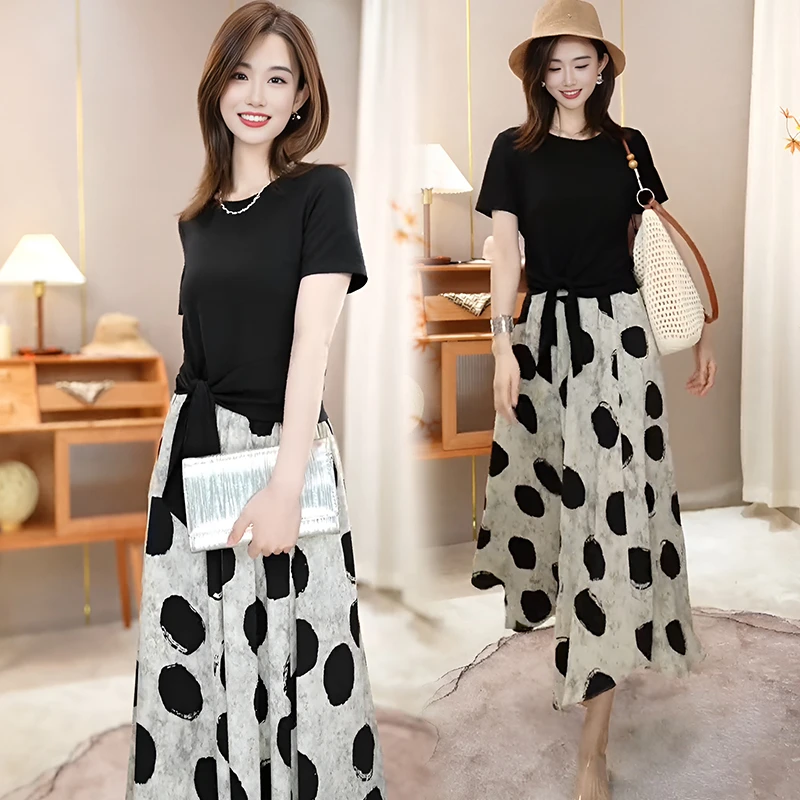 绑带短袖t恤上衣搭配波点半身裙女2025夏季新款洋气减龄两件套装