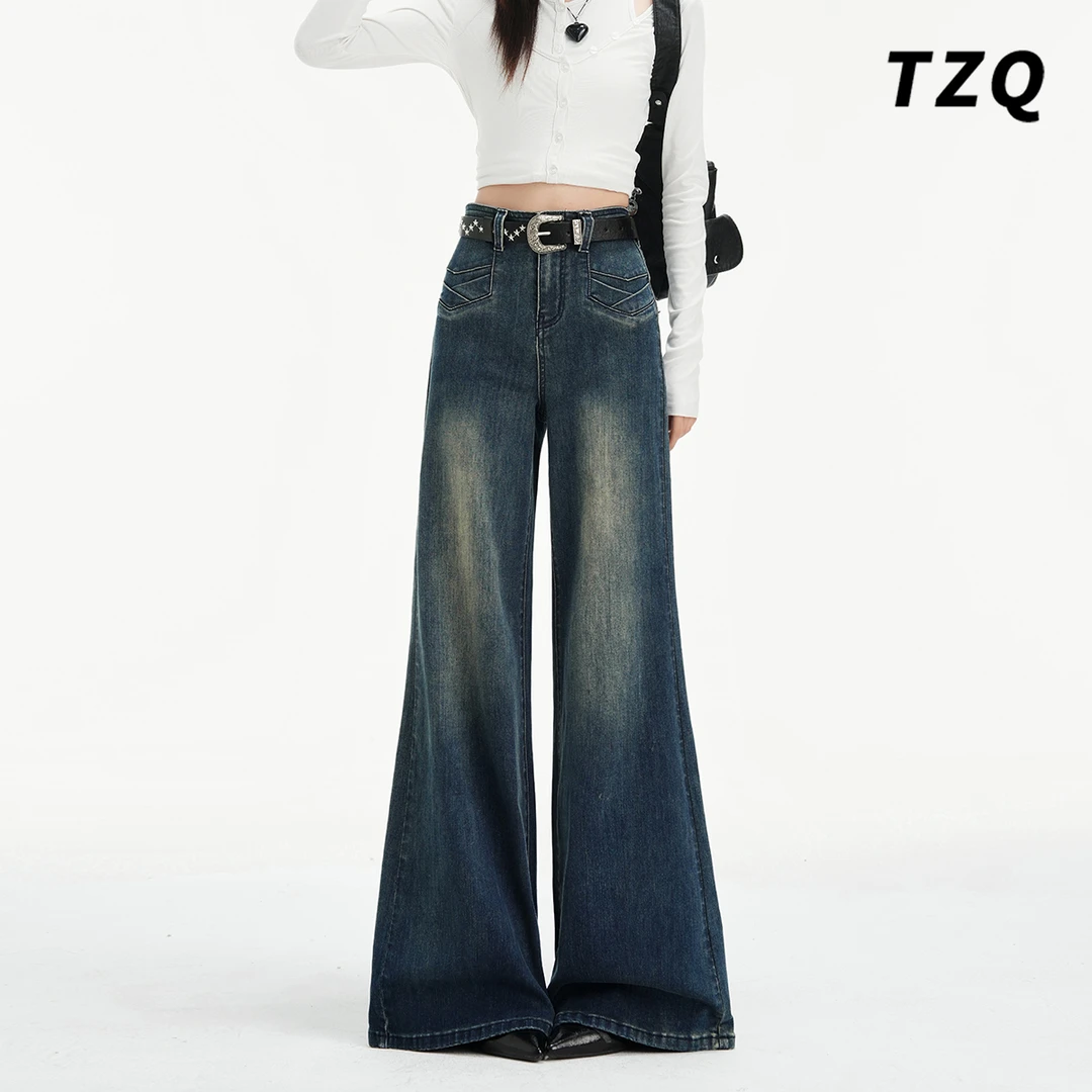 小个子复古微喇牛仔裤女秋季高腰宽松阔腿九分喇叭裤TZQ25101428