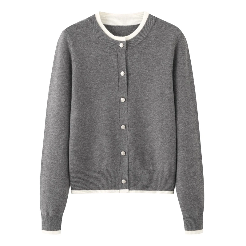 MM商场同款2025秋冬新百搭圆领显瘦灰色假两件针织开衫毛衣女3011