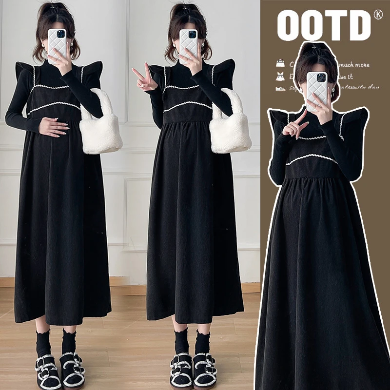 【梵兮家】孕妇装秋冬款韩版小飞背心连衣裙+打底衫时尚减龄两件套