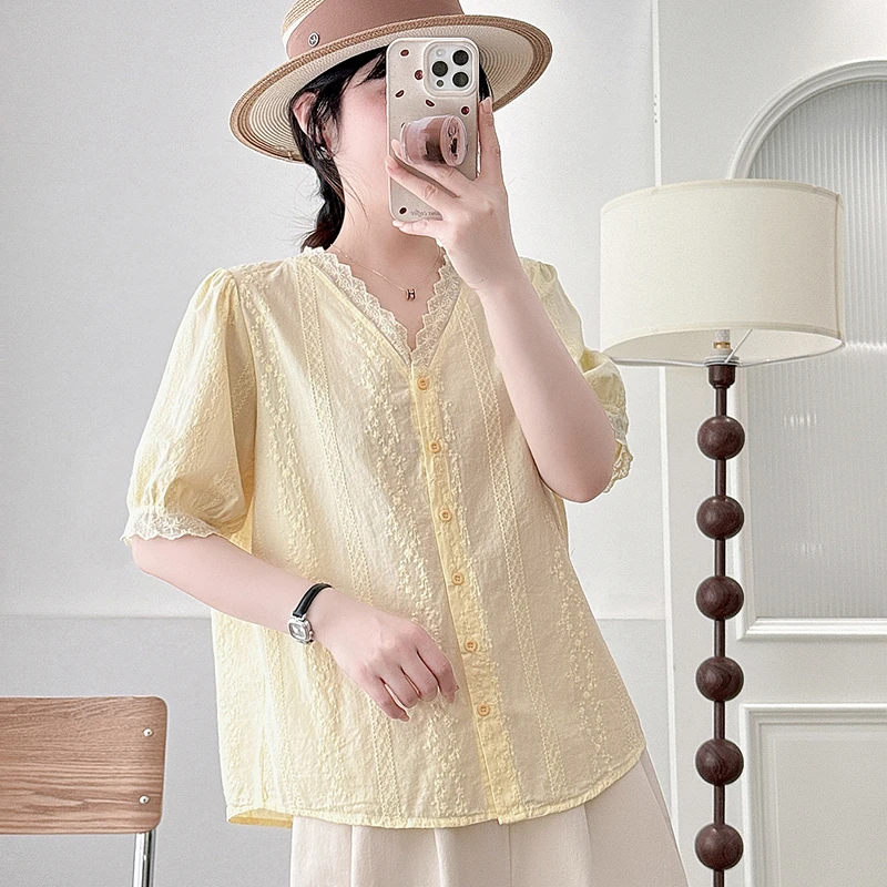 优雅气质千金风纯棉女士衬衫夏季复古时尚休闲小众短袖衬衣宽松