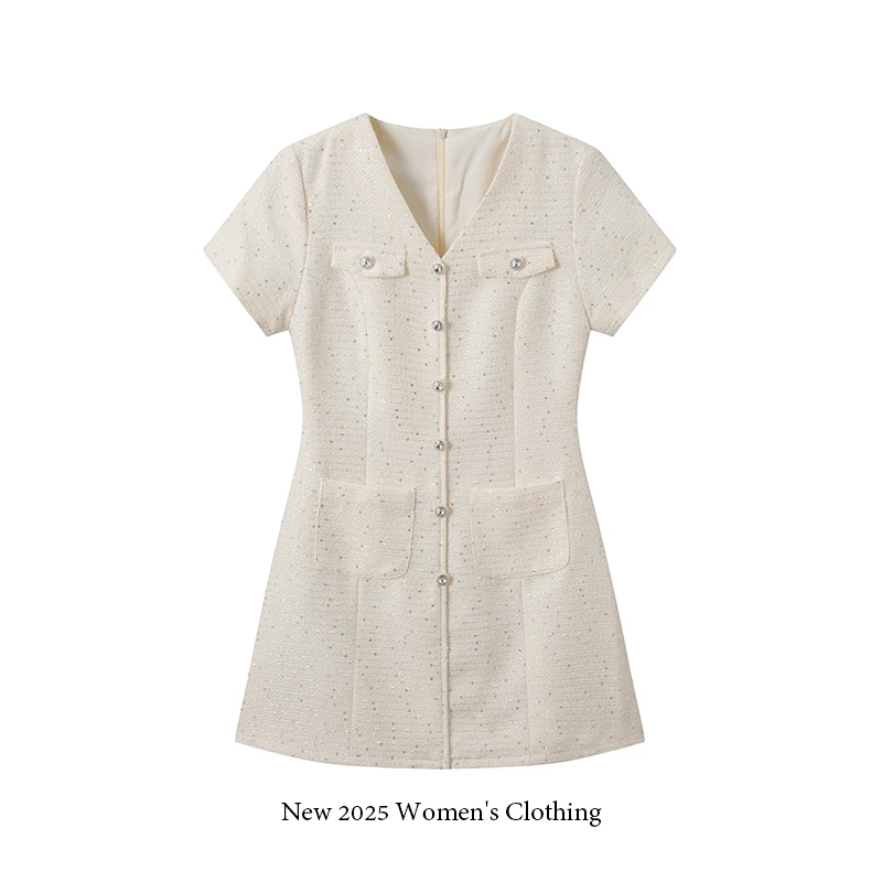 【现货】xiangdanan 夏季轻奢小香风单排扣V领短袖连衣裙/1299