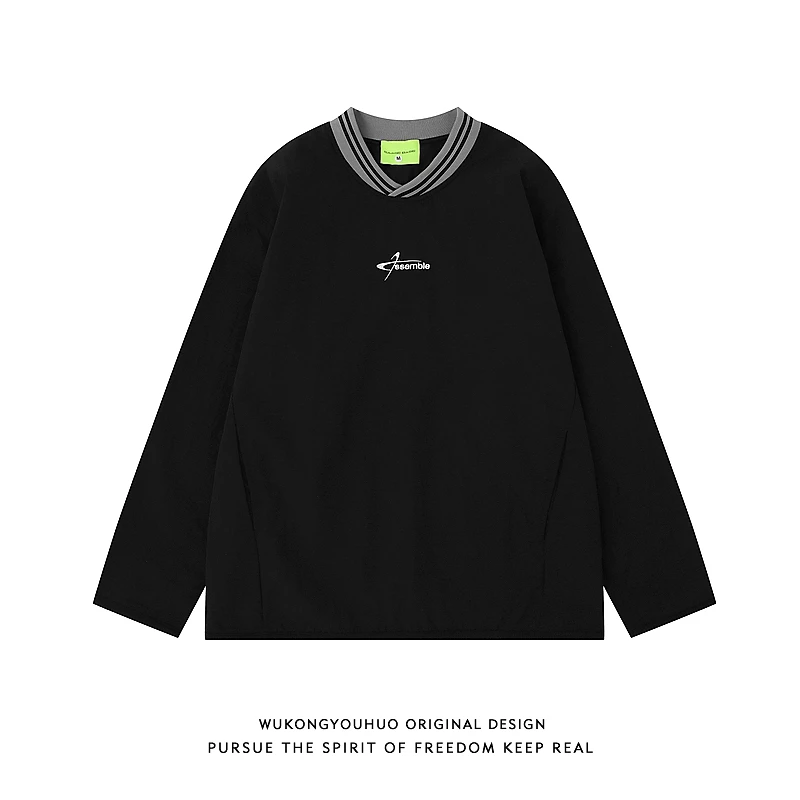 悟空有货美式复古撞色棒球领长袖T恤男潮牌秋季情侣宽松百搭上衣