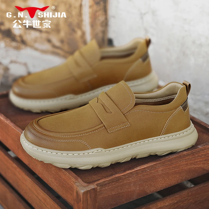 公牛世家秋季休闲男鞋一脚蹬时尚厚底增高鞋子男士开车鞋潮流男鞋